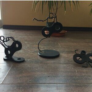 3 Motorcycle Stunt Metal Sculptures Motor Bike Daredevil Folk Art Brutalist